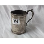 Victorian half pint mug with beaded rims and floral engrave, 4” over handle Lon 1876 by CSH 160g.