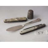 CHARLES HORNER - silver thimble, silver miniature butter knife & 2 m.o.p pen knives