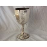 Octagonal trophy goblet, 9.5” high Shef 1908 by M & W 490g.