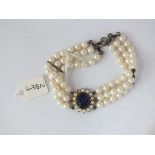 Pearl and silver mounted bracelet with paste sapphire