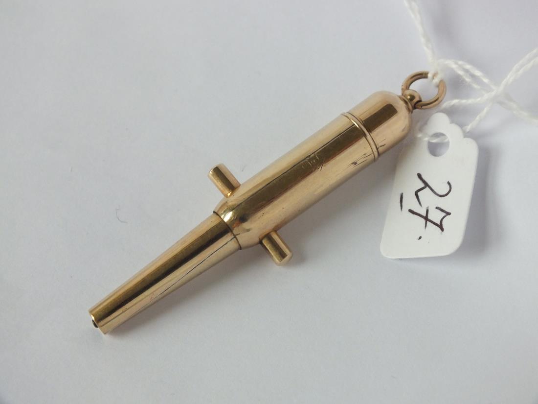 RARE VICTORIAN GOLD PROPELLING PENCIL in the form of a Canon with date registration mark, smooth