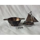 Miniature Dutch model of a sailing boat, 2” high, also a small two handled bowl 42g.