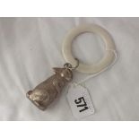 Childs rabbit rattle, 2” high marked silver