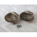 Pair of shell shaped salts on ball feet, 2” wide B’ham 1893 28g.