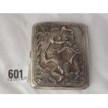 Eastern cigarette case heavily embossed with fighting figures, 3.5” high 90g.