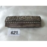 Oblong pin box with embossed hinged cover, 3.5” long B’ham 1902 by WH