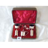 Boxed five piece circular cruet on ball feet, 2.5” over handle Chester 1920 by AM