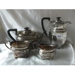 FOUR PIECE BOAT SHAPED CANTED TEA SERVICE with reeded rims, 10” over spout Shef 1923/4 1800g.