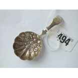 Georgian fiddle pattern caddy spoon, bowl embossed with flowers, Lon 1814 by L & C