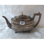 GEORGIAN OBLONG HALF REEDED TEAPOT, 11.5” over spout Lon 1807 by CH 625gm