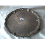 LARGE GEORGIAN SALVER with crested centre, moulded and gadrooned rim raised on ball and claw feet,