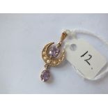 Amethyst and pearl crescent pendant 9ct