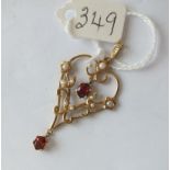 9ct. garnet and pearl drop pendant