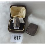 Rectangular pill box, 1.25” long B’ham 1907 by A & L ltd, also a thimble