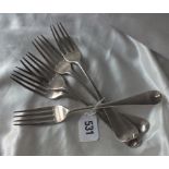 Pair of Georgian OE pattern table forks, Lon 1798 by WE & WF also three others 305g.