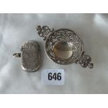 Victorian heavy small pierced bowl, 3.5” over lug handles Lon 1893 by WC, also a vesta case 45g.