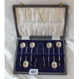 Boxed set of six bean top coffee spoons, Shef, also a pair of tongs B’ham