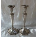 PAIR OF TALL V-SHAPED OCTAGONAL CANDLESTICKS with beaded borders, 10” high Shef 1909 by PE & S
