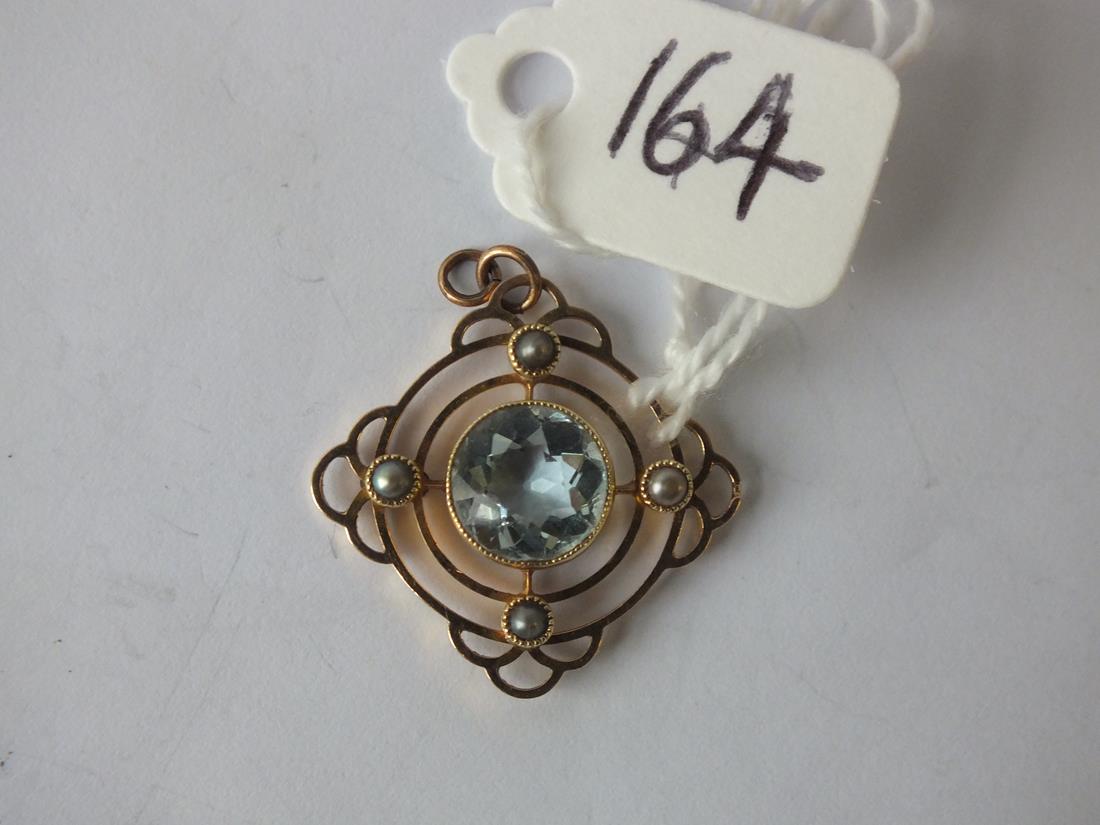 Antique 15ct pearl and blue stone (aqua?) fancy pendant