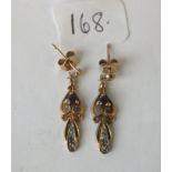 9ct Fancy diamond & amethyst drop earrings