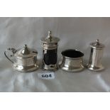 Three piece circular cruet, 3” over handle B’ham, also a pepper