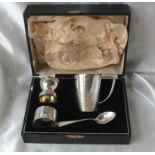 Art Deco four piece christening set, 3.25” over handle B’ham 1935/6 by SBS 140g. contained in a