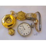 Two metal pocket watch and three wrist watches