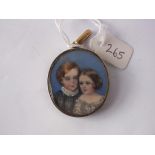 Oval antique miniature of two children with hair back panel