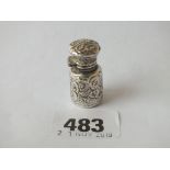 Miniature circular scent bottle embossed with flowers, 1.25” high B’ham 1899 by M. Bros