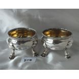 Pair of heavy Georgian circular compressed salts with reeded rims, 3” dia. Lon 1828 by RH 290g.