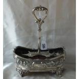 Victorian boat shaped cruet base, floral embossed on bracket feet, 8” wide Lon 1856 by JE