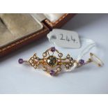 Attractive peridot amethyst and pearl brooch, set in 15ct. gold (boxed)