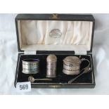 Boxed three piece cylindrical cruet, scroll pierced sides, 2.5” over handle B’ham by S ltd.