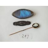 Art Deco butterfly wing brooch, a hard stone stick pin plus a brooch