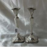 Pair of candlesticks V-shaped stems, canted bases, 6.5” high B’ham 1917