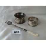 Spool shaped napkin ring, Chester 1902 by JMB, also another and a pickle fork