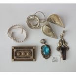 Two silver pendants, rings, chains etc.