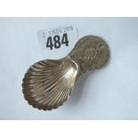 Georgian bright cut caddy spoon with shell bowl, 2.75” long