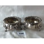 Pair of Georgian Scottish circular salts with foliate rims, 3” dia. Glasgow 1825 by M & S 200g.