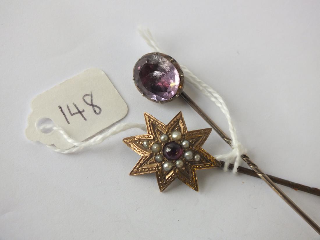 Two antique stickpins Inc. Georgian foiled crystal