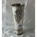 Trumpet shaped spill vase, embossed with three panels offlowers, 6.5” high Chester by HM 130g.