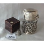 Cylindrical salts jar, 3” high Lon 1901, also a thimble