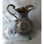 Victorian milk jug with pear shaped body raised on shell feet, 4” over handle Lon 1866 by GR & EB