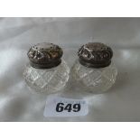 Pair of cut glass paste jars with embossed covers, 1.5” dia. B’ham 1899 by CM