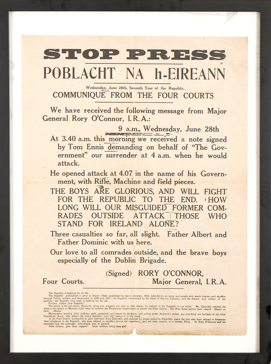 1922 (June 28, 9am) Stop Press. Poblacht na hÉireann. Communique from the Four Courts. The effective - Image 2 of 2