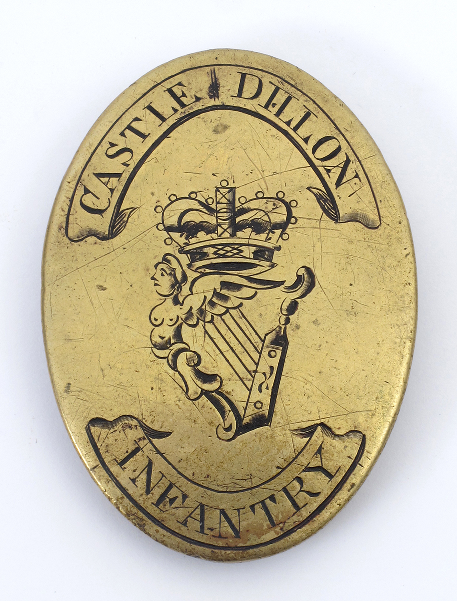 Circa 1790. Castle Dillon Infantry, Co. Kildare, cross belt plate. A brass oval convex cross belt