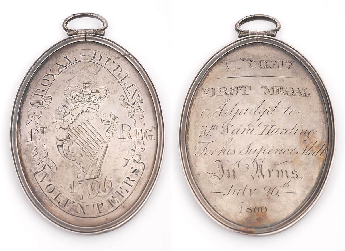 1800 (July 26) Royal Dublin Volunteers silver prize medal for Superior Skill In Arms. An oval convex