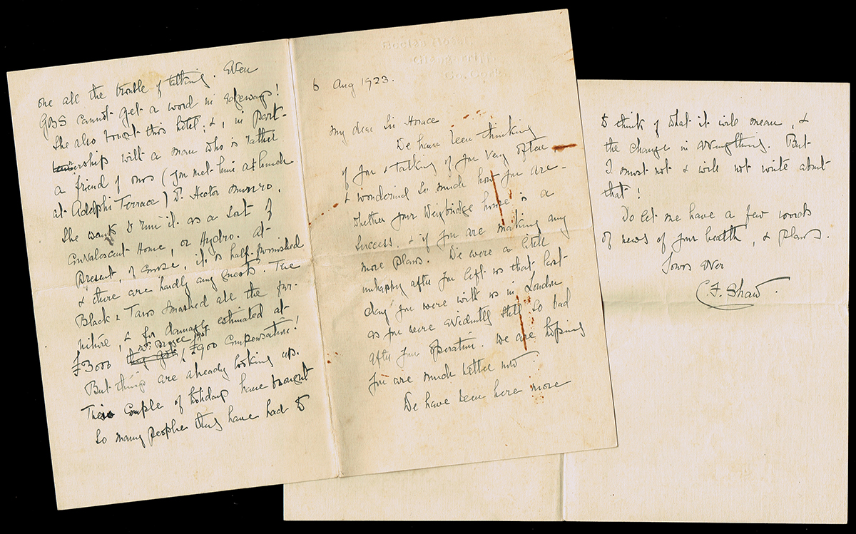 1923 (August 6) Letter from Charlotte Shaw, wife of GB Shaw, to Sir Horace Plunkett. A seven page