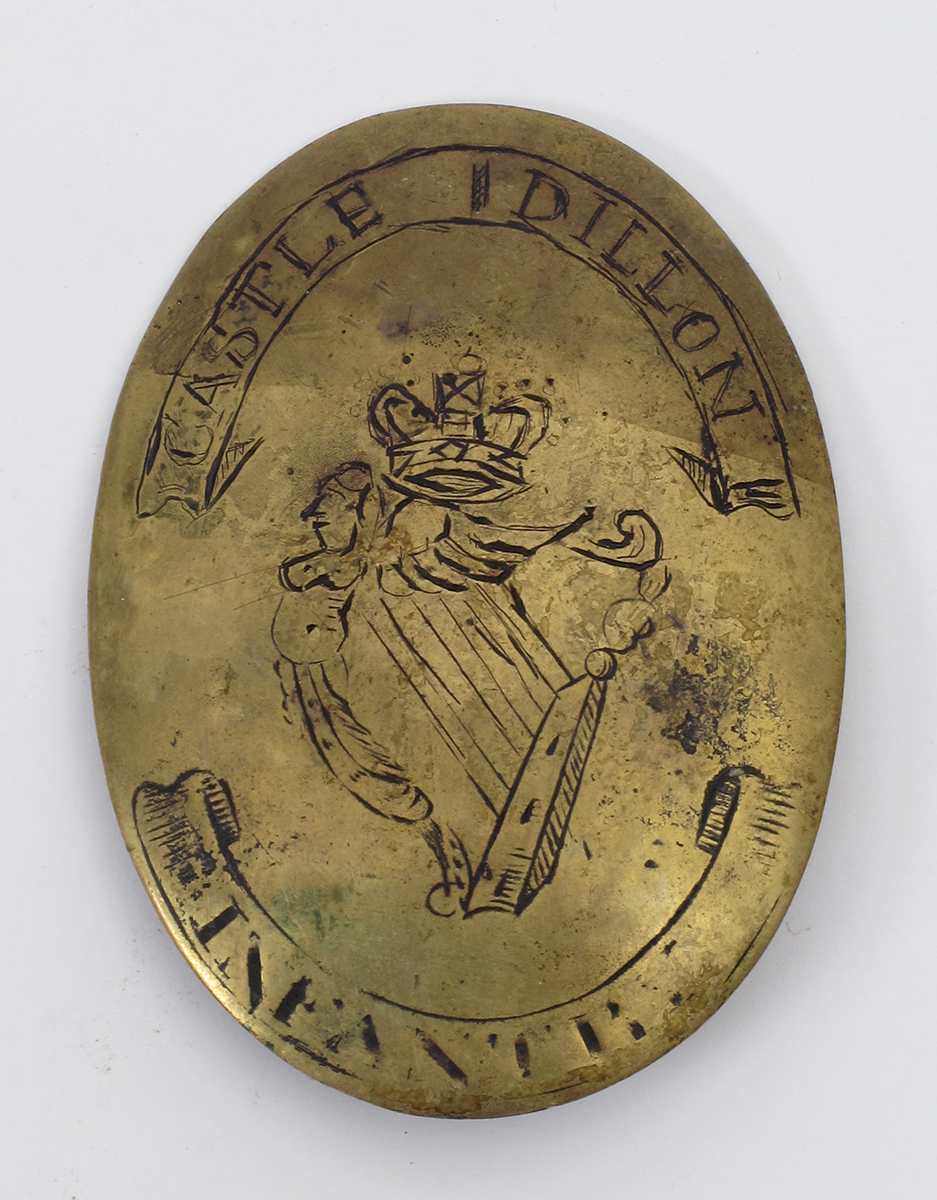 Circa 1790. Castle Dillon Infantry, Co. Kildare, cross belt plate. A brass oval convex cross belt