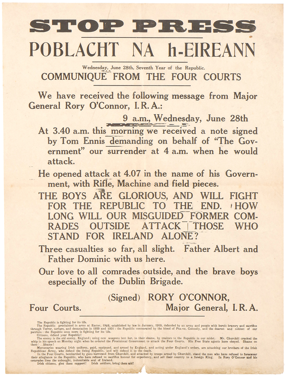 1922 (June 28, 9am) Stop Press. Poblacht na hÉireann. Communique from the Four Courts. The effective